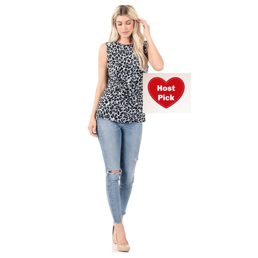 Leopard Print Top - Knotted Front Sleeveless Top - Gray